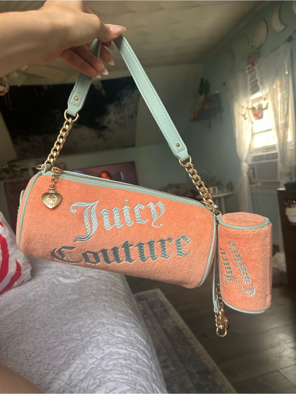 NEW Juicy Couture Peach and Mint Velour Barrel Bag with Gold Chain